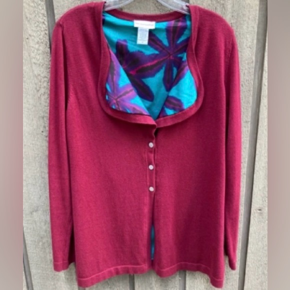 SOFT SURROUNDINGS Sweater Cardigan Top Tunic Blue Teal Red Pink Medium - Picture 1 of 11